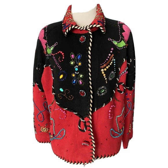 Michael Simon Vintage 90s Western Music Beaded Jewel Sweater Jacket Rockabilly 2 - Picture 1 of 11